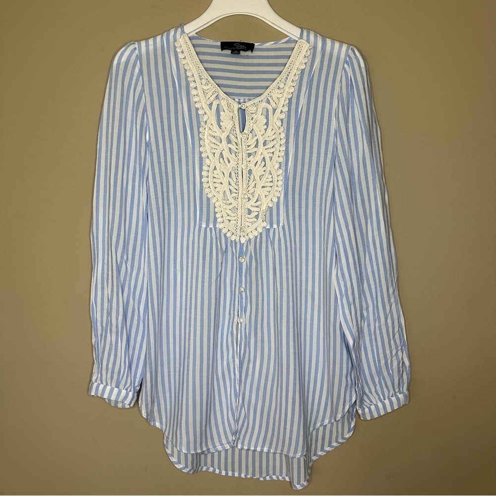Cottagecore Tunic Top Blue White Crochet Lace Old Money Suzanne Betro Women L
